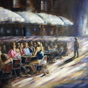 Celui qui passe – Scène urbaine lumineuse au café