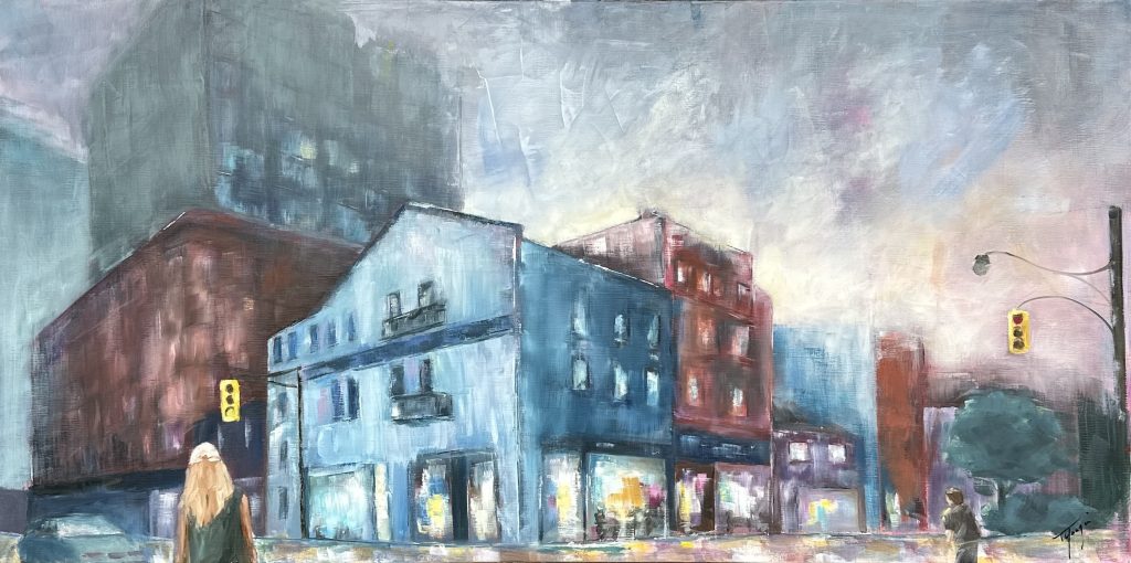 La ville en passant, peinture urbaine contemporaine panoramique à l’huile sur lin, Florence Yangui