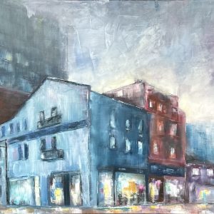 La ville en passant, peinture urbaine contemporaine panoramique à l’huile sur lin, Florence Yangui